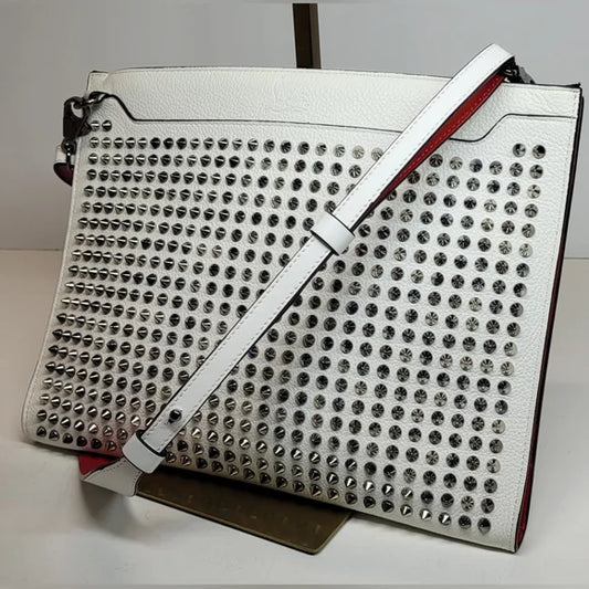 Christian Louboutin White Leather Studded Skypouch crossbody bag large