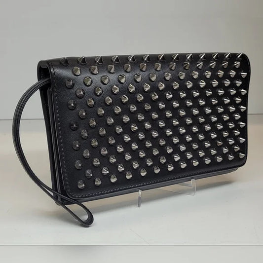 Christian Louboutin Black Leather Studded Clutch / Wristlet
