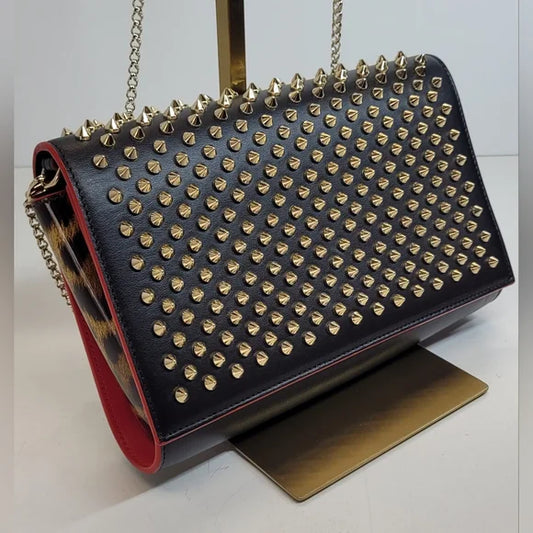 Christian Louboutin Tri Black And Leopard Gold Studded Clutch / Shoulder Bag