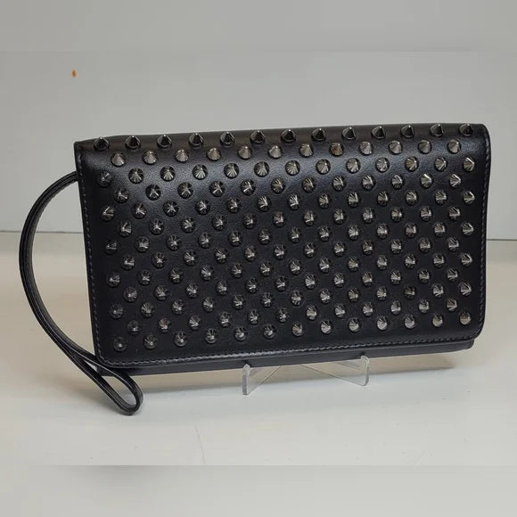 Christian Louboutin Black Leather Studded Clutch / Wristlet