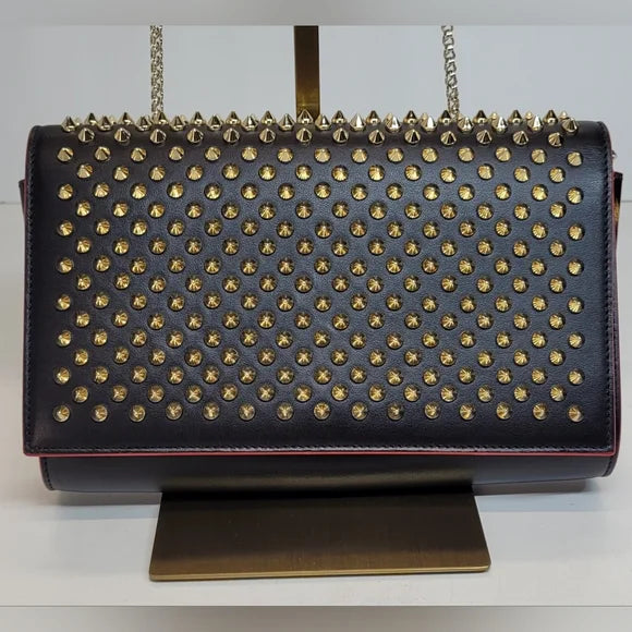 Christian Louboutin Tri Black And Leopard Gold Studded Clutch / Shoulder Bag
