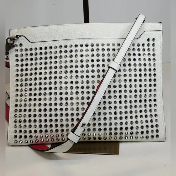 Christian Louboutin White Leather Studded Skypouch crossbody bag large