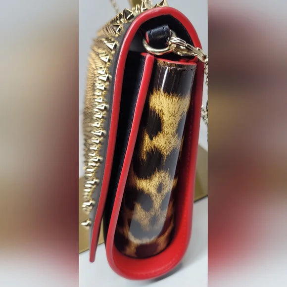 Christian Louboutin Tri Black And Leopard Gold Studded Clutch / Shoulder Bag