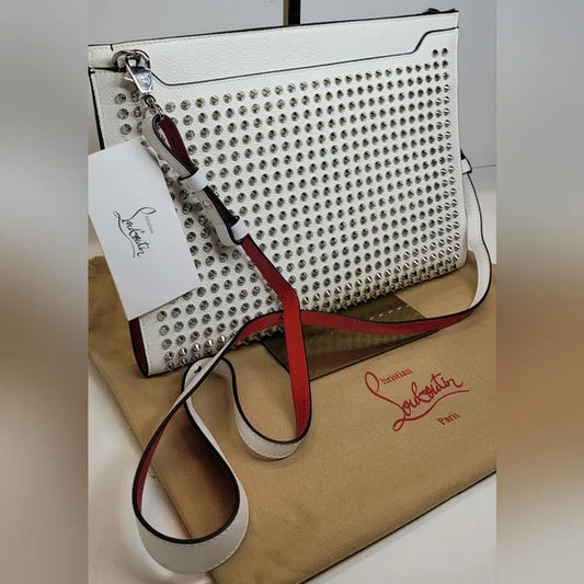 Christian Louboutin New White Leather Silver Studded Skypouch