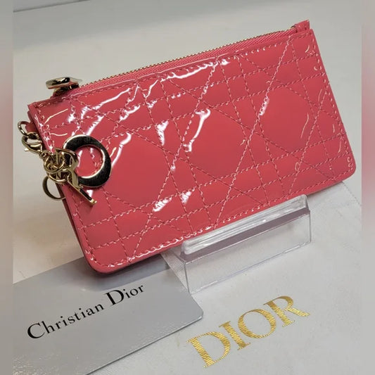 Christian Dior Cannage Lady Dior Pink Enamel Card Holder / Wallet