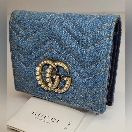Gucci GG Marmont Pearl Studded Denim Wallet