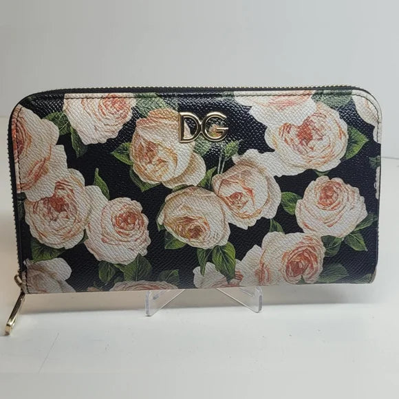 Dolce & Gabbana Black Leather Floral Long Zippy Wallet