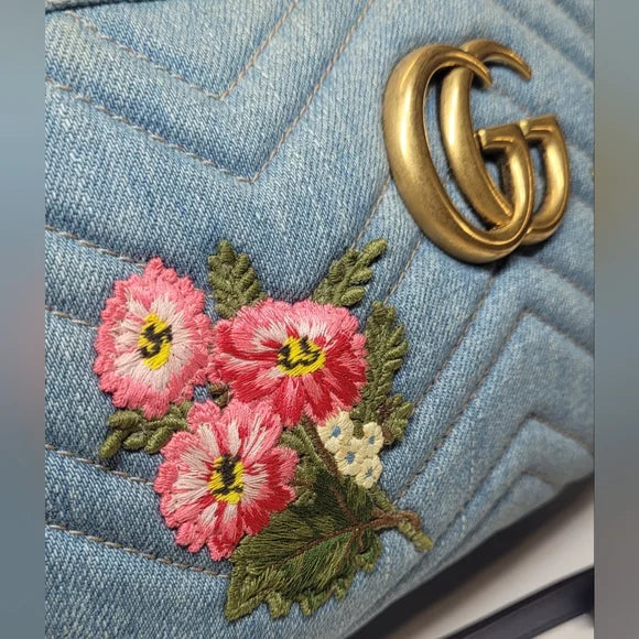 Gucci Marmont Blue Denim Floral Embroidered Large Bag