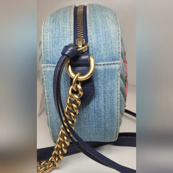 Gucci Marmont Blue Denim Floral Embroidered Large Bag