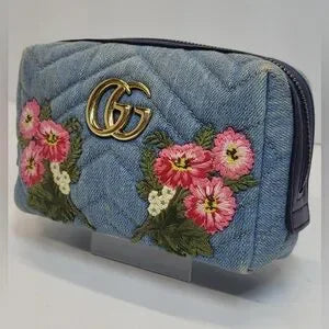 🔥🩷GUCCI GG Marmont Cosmetic Denim Pouch Flower