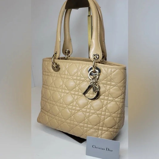 CHRISTIAN DIOR Lambskin Cannage Medium Lady Dior Beige