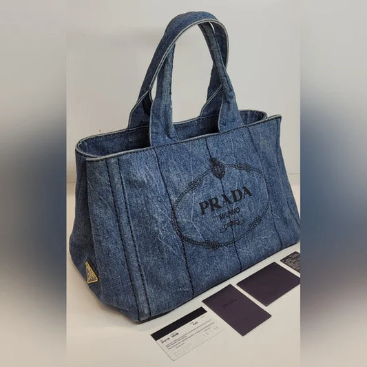 Prada Blue Denim Canapa Medium Tote Bag