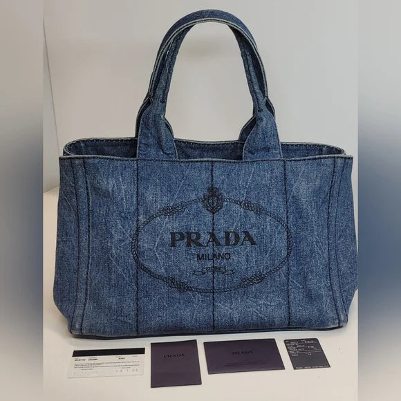 Prada Blue Denim Canapa Medium Tote Bag