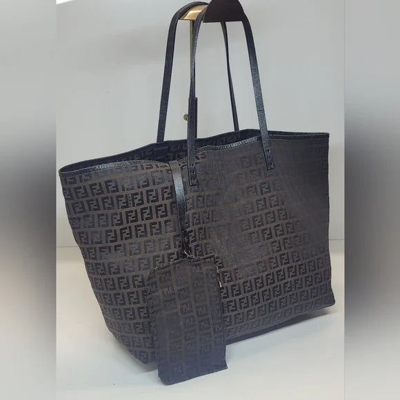Fendi Zucca Brown Canvas Shopper Tote Bag with 2nd Piece