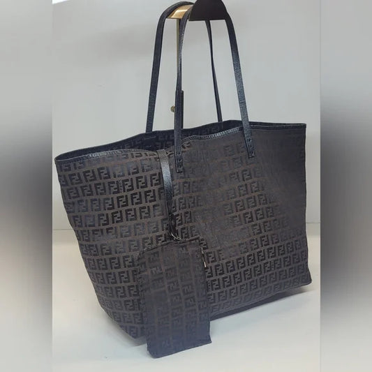 Fendi Zucca Brown Canvas Shopper Tote Bag with 2nd Piece