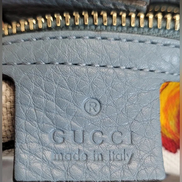 Gucci Bamboo Japan Exclusive Light Blue Calfskin Handbag with flora interior