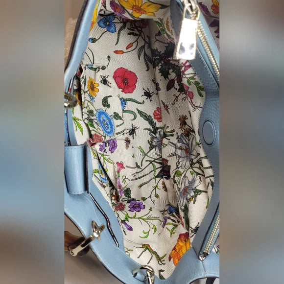 Gucci Bamboo Japan Exclusive Light Blue Calfskin Handbag with flora interior