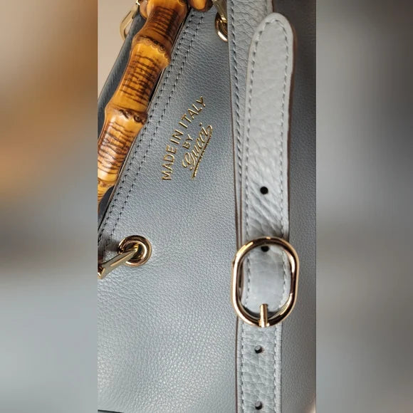 Gucci Bamboo Japan Exclusive Light Blue Calfskin Handbag with flora interior