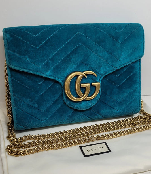 Gucci GG Marmont Matelasse Teal Velvet Crossbody Bag w/ Dustbag