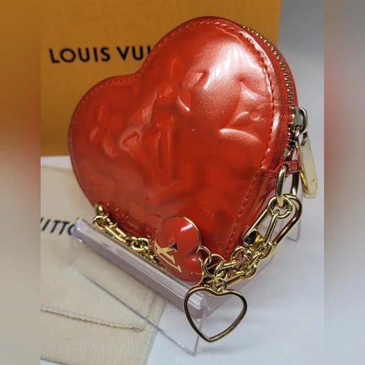 Louis Vuitton Red Vernis Heart Leather Coin Case With Charms, Dustbag, & Box