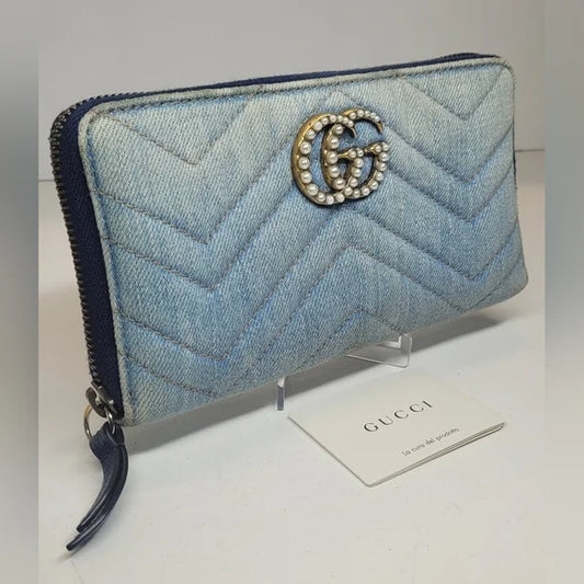 SOLD!!Gucci GG Marmont Double G Denim Long Zippy Wallet