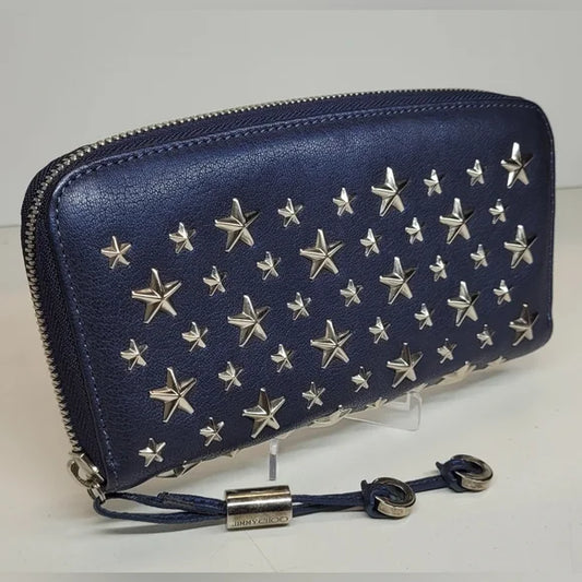 Jimmy Choo Filipa Star Studded Navy Blue Leather Wallet