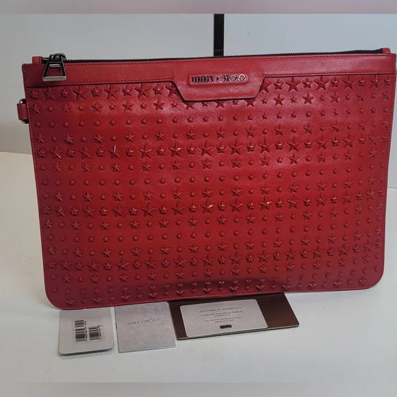 Jimmy Choo Red Leather Star Studded Derek Pouch