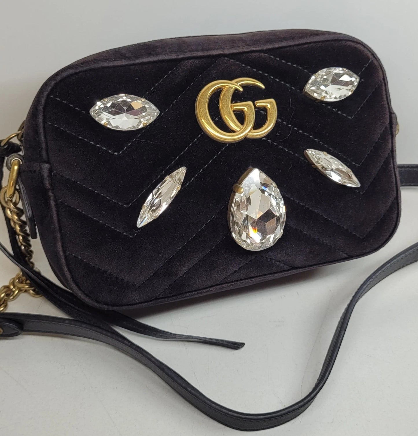 Gucci GG Marmont Black Velvet Crystal Embellished Crossbody Bag