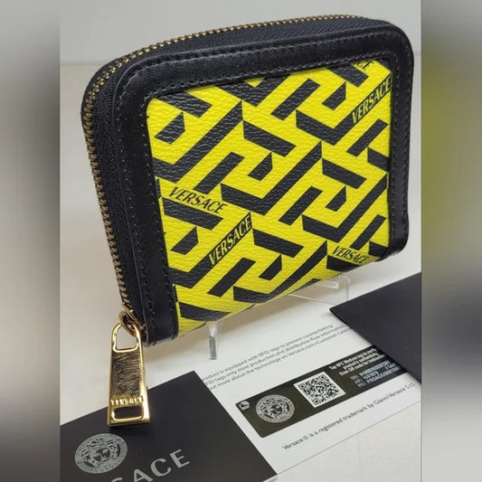 Versace La Greca Signature Coated Canvas Compact Zippy Wallet