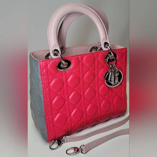 RARE 🩷 Christian Dior Tricolor Lambskin Lady Dior Medium Cannage 2Way Handbag