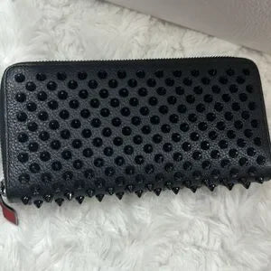 Christian Louboutin Black Leather Panettone Spike Zip Around Wallet