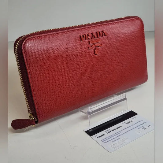 Prada Saffiano Shine Red Leather Long Zippy Wallet.