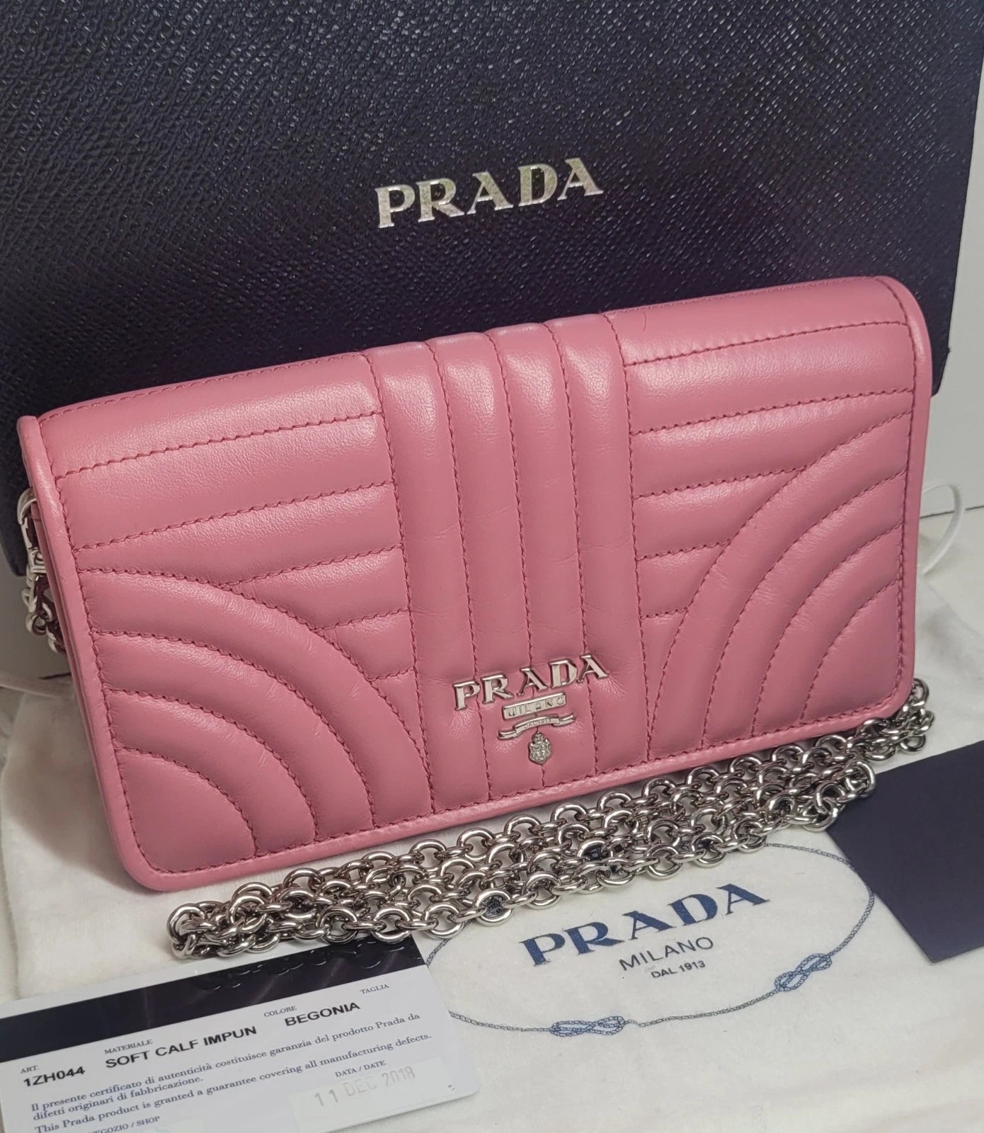Prada Pink Quilted Leather Diagramme Handbag With Box