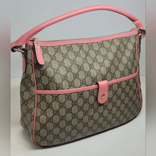 Gucci GG Supreme Coated Canvas Handbag With Pink Leather Trim