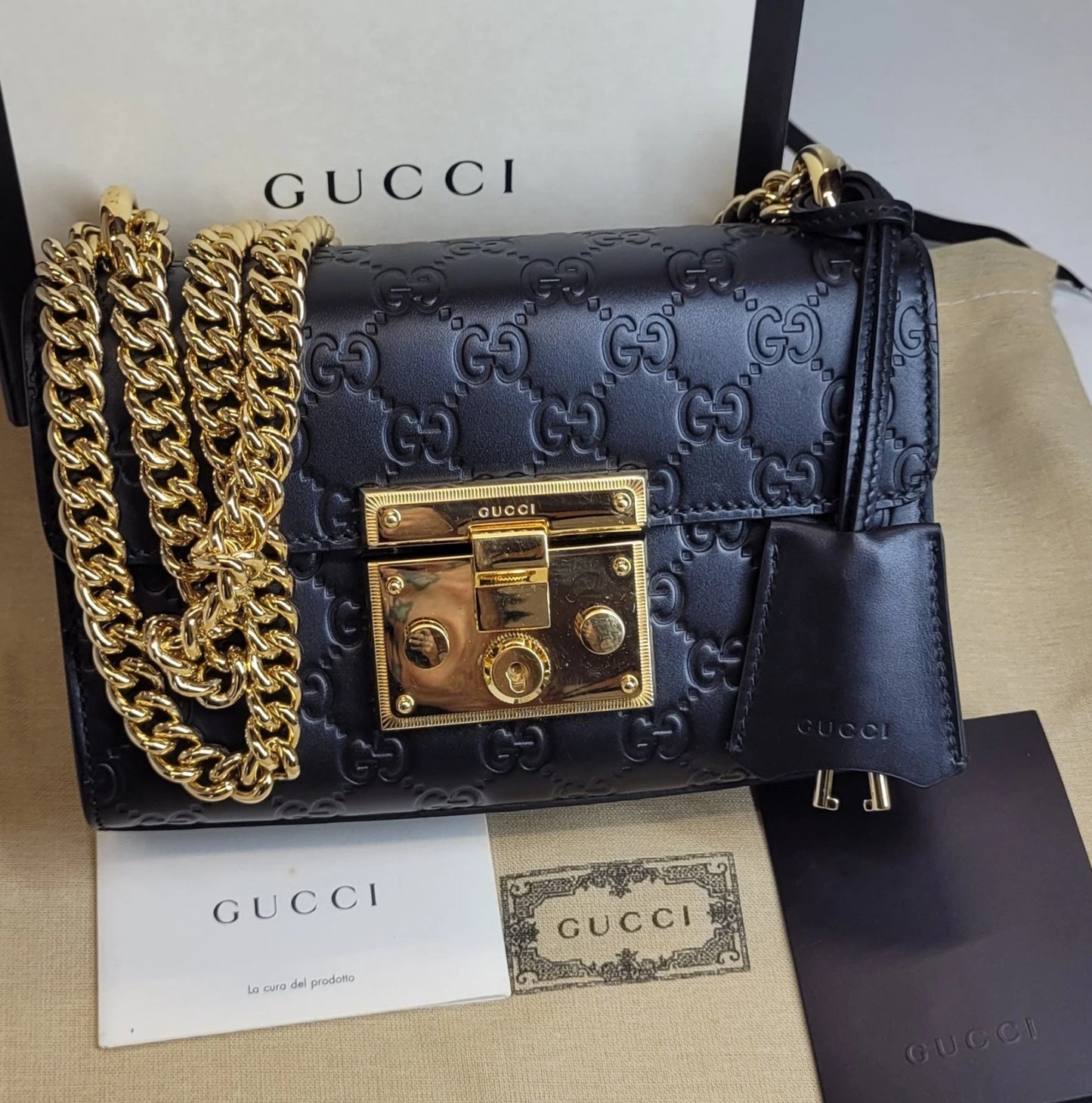 Gucci Guccissima Black Leather Padlock Shoulder Bag w/Box