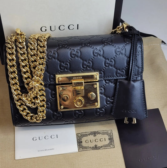 Gucci Guccissima Black Leather Padlock Shoulder Bag w/Box