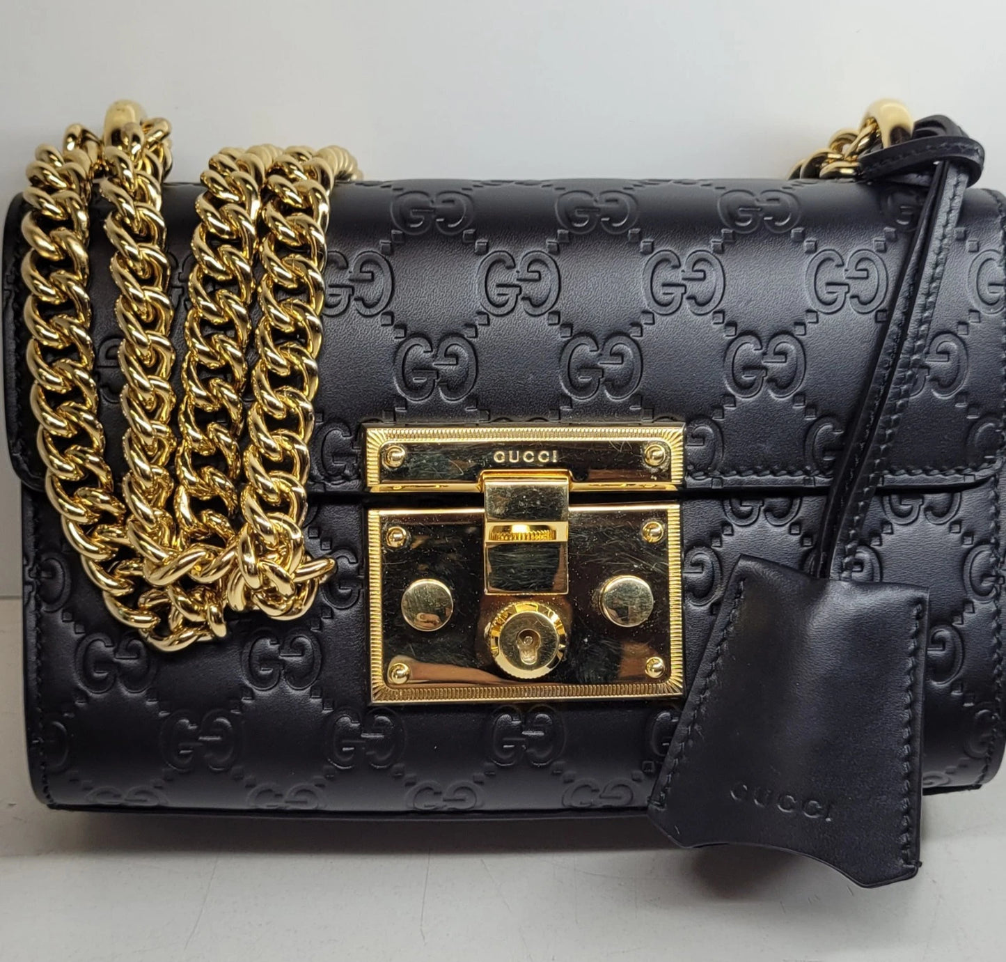 Gucci Guccissima Black Leather Padlock Shoulder Bag w/Box