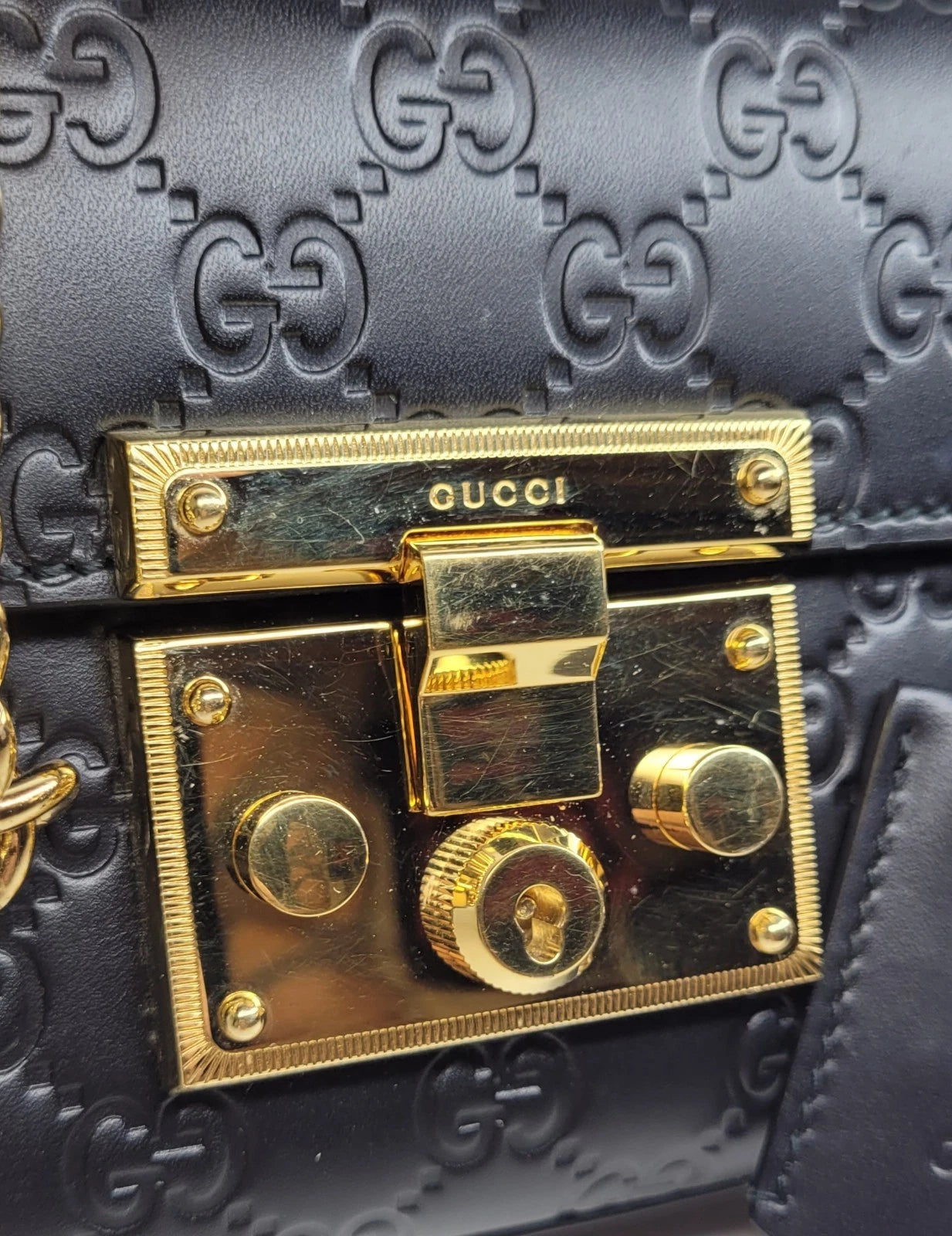Gucci Guccissima Black Leather Padlock Shoulder Bag w/Box