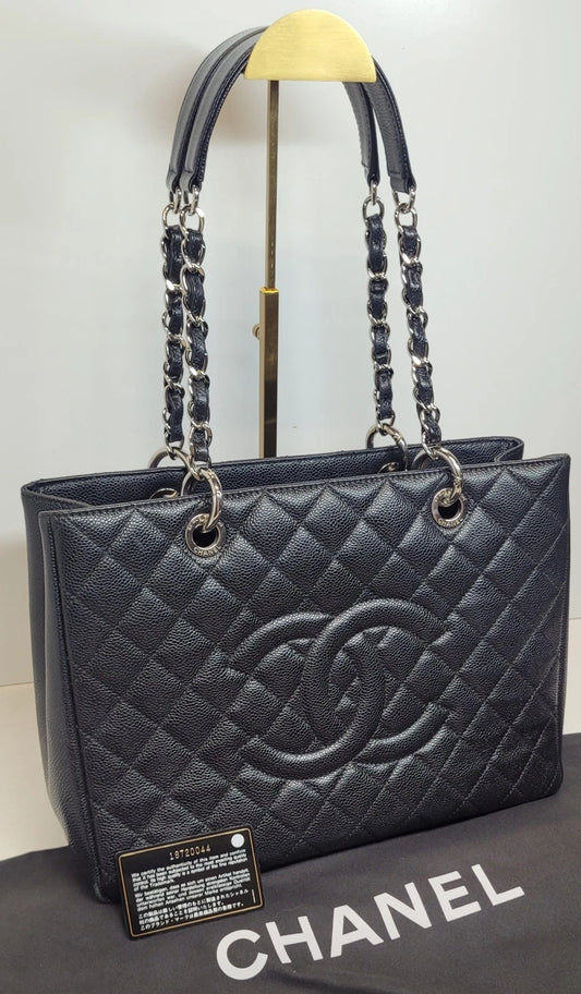 Chanel Black Caviar Leather Grand Shopping Tote Bag with dust bag