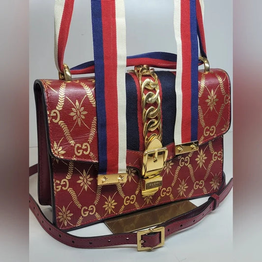 🔥Gucci Large Red Calfskin Sylvie Crossbody Bag/shoulder bag
