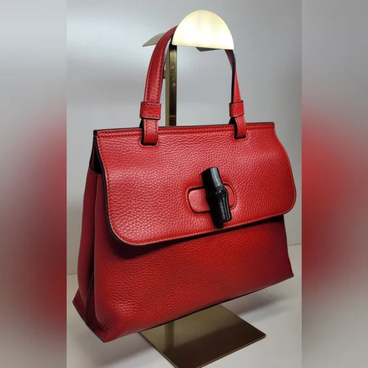 Gucci Cellarious Red Calfskin Bamboo Daily Top Handle Bag
