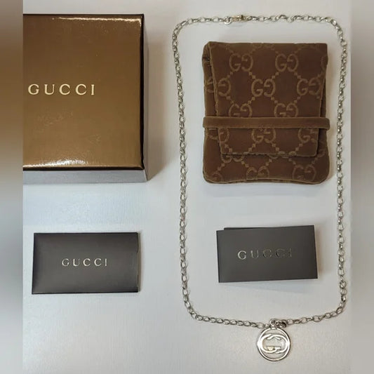 Gucci Interlocking G Silver Necklace With Box & Dustbag