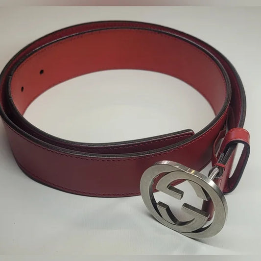 Gucci Red Leather Belt Silver GG