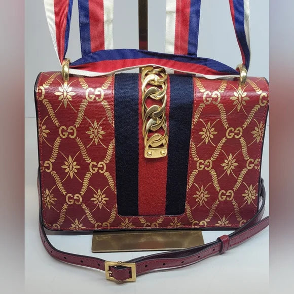 🔥Gucci Large Red Calfskin Sylvie Crossbody Bag/shoulder bag