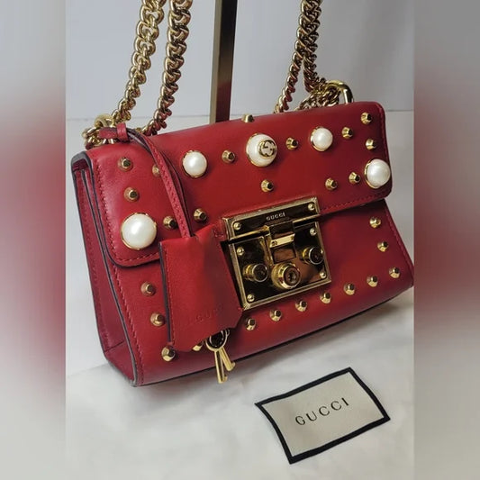 Gucci GG Pearly Padlock Studded Red Leather Shoulder Bag