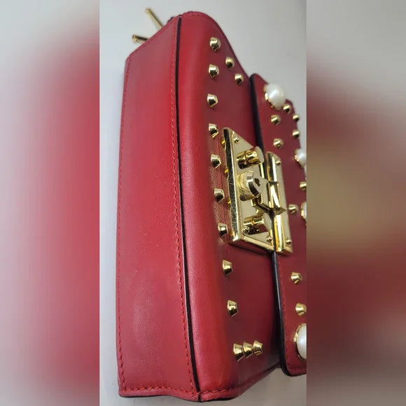 Gucci GG Pearly Padlock Studded Red Leather Shoulder Bag