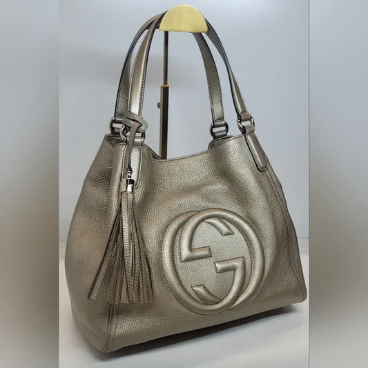 Gucci Soho Pewter Pebbled Leather Meduim Shoulder Bag