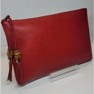 Gucci Red LARGE Leather Bamboo Clutch Bag