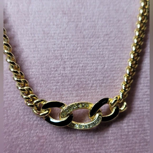 Christian Dior Gold Platted Necklace With Black Enamel And Rhinestones