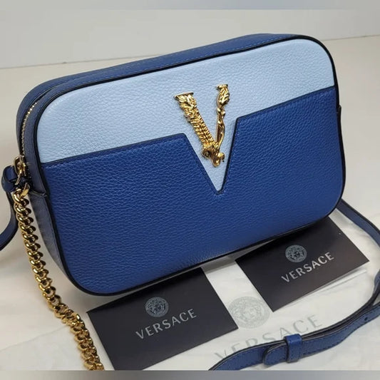 Versace Virtus Blue Leather Crossbody Bag